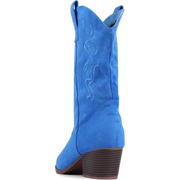 Women Light-blue Suede Mid Calf Chunky Block Heel Western Embroidered Boot - Picture 4 of 7